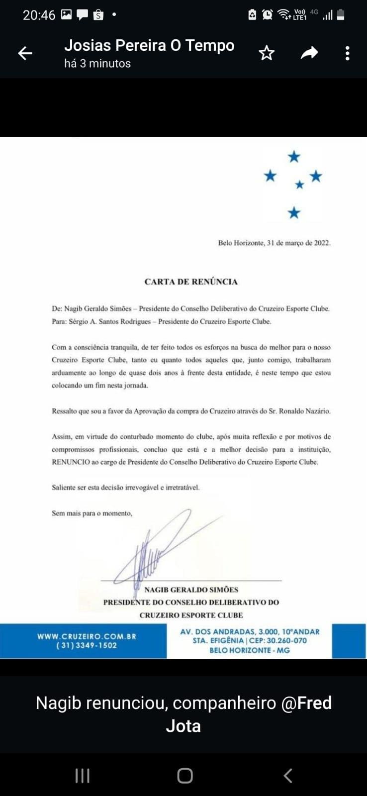 Cruzeiro: às vésperas de votação sobre SAF, presidente do Conselho renuncia - O Tempo